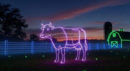 Neon farmscape with glowing cow barn fence and magical ambiance at dusk showcases a whimsical countryside scene