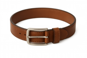Classic brown leather belt with a silver metal buckle, isolated on a transparent background, perfect for fashion or accessory designs