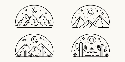 Set of four minimalist line art illustrations depicting desert landscapes with mountains cacti sun and moon under a starry sky