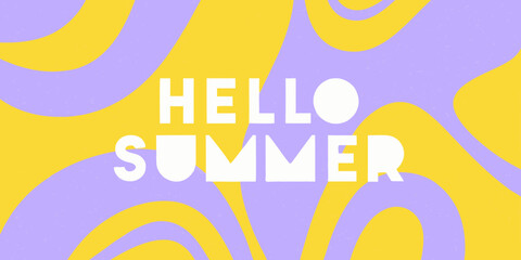 Hello summer text on a vibrant yellow and purple swirl pattern background