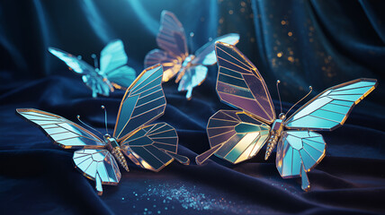 Elegant low poly butterflies on a dark silk cloth with golden accents