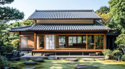 Obraz premium Serene Japanese House in Tranquil Garden