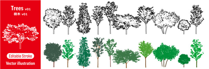 樹木のイラストと線画のセット（ベクター） / シンプルでモダンな木のシルエット素材集 / 自然・風景デザイン用ツリーイラストアイコン(編集可能)
