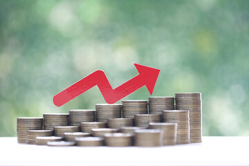 Red arrow on coins money on natural green background,Business investment and real estate concept