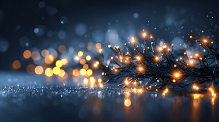 Elegant holiday garland with twinkling lights on grey background — soft bokeh glow, white shimmer and gold accents, luxury Christmas & new year decoration, magical defocused sparkle, minimal studio