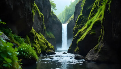 Majestic Waterfall Flowing Through a Green Mossy Canyon with Serene River and Lush Forest