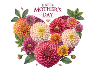 Happy Mothers Day Floral Heart Shaped Arrangement Peach Pink Orange Dahlia Flowers Botanical Illustration isolated on a transparent background