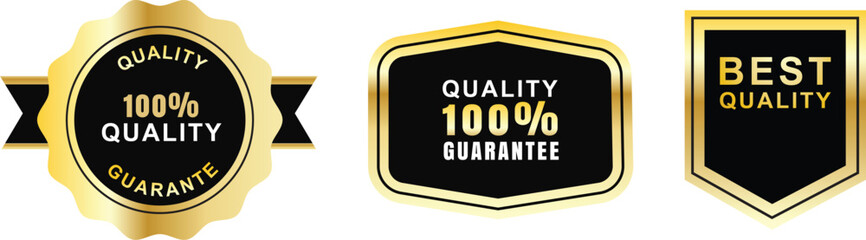 Three black and gold quality guarantee badges seal