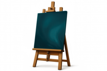 Wooden easel supporting blank teal canvas on transparent backdrop, providing clean artistic mockup for creative presentation