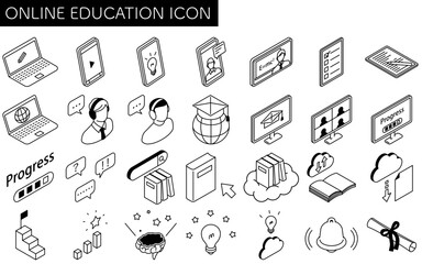 Online learning laptop with pencil screen isometric simple line icon, black and white