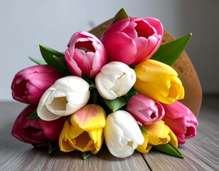 Tulip Bouquet on Wooden Table