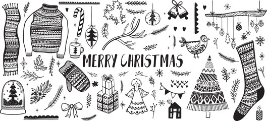 Christmas Decoration Doodle Vector &ndash; Holiday, Celebration, Winter, Gift, Ornament, Bell, Tree, Snow, Star, Seasonal, Festive, Black, Outline, Flat, Art, Creative, Illustration, Collection