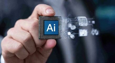 Hand holding AI chip with digital graphic overlay