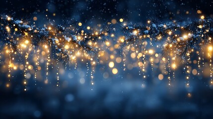 Fototapeta premium Twinkling Christmas garland on deep blue — shimmering bokeh lights, festive winter holiday decoration, sparkling fairy string illumination, elegant background with copy space