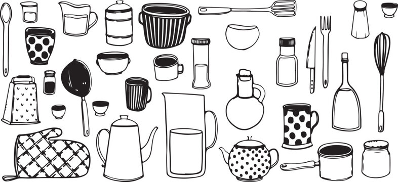 Kitchen Utensils Vector Set – Cooking, Food, Tools, Cup, Teapot, Pan, Pot, Mug, Spoon, Minimal, Outline, Black, Flat, Art, Creative, Illustration, Collection, Icon, Symbol