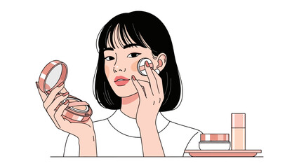 Young woman applying makeup with a compact mirror and foundation bottle focusing on skincare and beauty routine