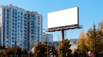 Obraz premium Blank Billboard Mockup in Urban Setting with Modern Building and Trees