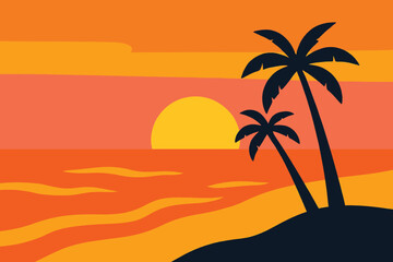 Vibrant tropical sunset over the ocean with silhouetted palm trees on a sandy beach.