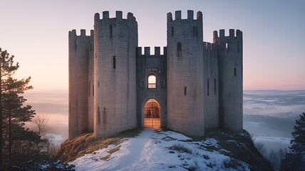A majestic castle perched atop a hill bathed in the soft glow of dawn.