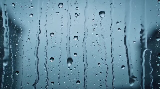 Close up of rain falling and streaming down a window pane with water drops and a blurred background
