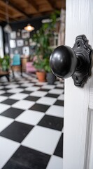 Black door knob on white door, checkered floor. Interior view