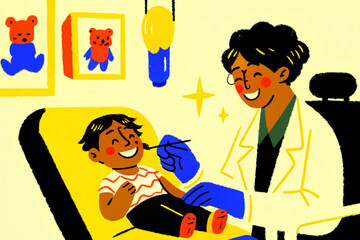 Playful flat doodle cartoon of pediatric dentist checking child’s teeth, dental chair in bright colors, cheerful and friendly healthcare concept, textured line illustration, no shadows.
