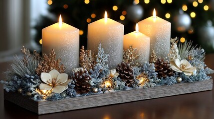 Elegant advent candle centerpiece with evergreen wreath, pine cones, and gold ornaments — four candles, warm glow, minimal Christmas table decor and cozy winter home styling with soft bokeh