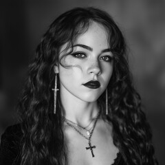 Obraz premium a black and white portrait of a young woman with long, wavy hair