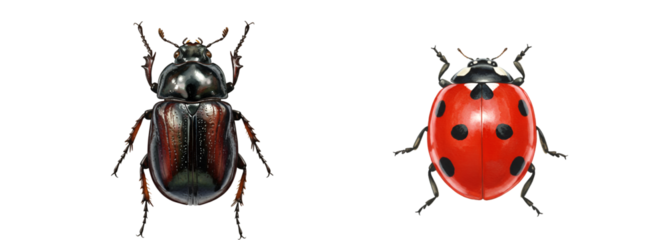 Two elegant beetles side by side showcasing nature's beauty and intricate details in vibrant hues with transparent background