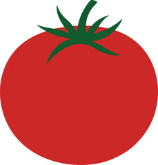 Simple flat vector illustration of ripe red tomato with green stem, isolated on white background, fresh vegetable icon design