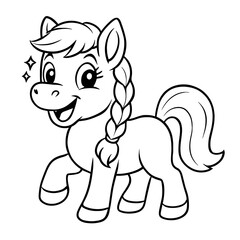 Fototapeta premium Cartoon pony with braided mane and cheerful expression for coloring page concept 