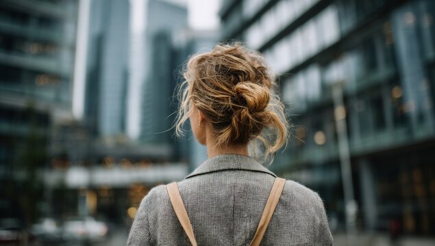 Woman with messy bun and backpack walks toward modern glass buildings in the city - Powered by Adobe