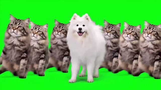 Funny Samoyed dog and cute tabby cats dancing on green screen for playful animal interaction video