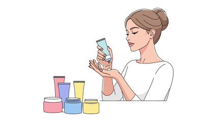 Young woman holding a skincare product bottle with various cosmetic jars and bottles in the foreground illustrating beauty and self care