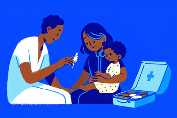 Bright doodle cartoon illustration of pediatric doctor helping sick child with thermometer and first aid kit, flat colorful style with textured lines, healthcare for children concept.
