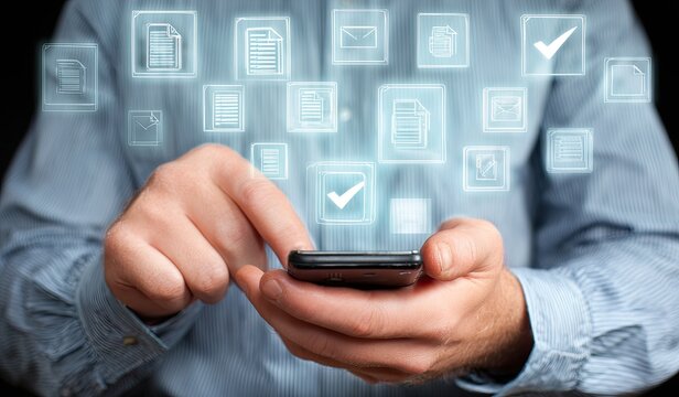 Close-up of hands holding a smartphone with digital document and email icons hovering above