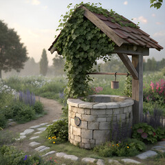 A stone well with vines against a cottage garden background