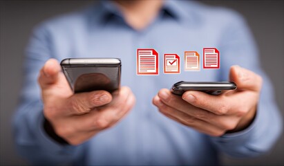 Close-up of two hands holding smartphones, hovering document icons