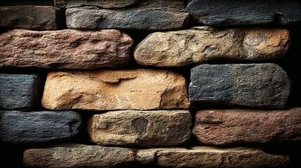 Close-up of a wall made of various colored stones or bricks.