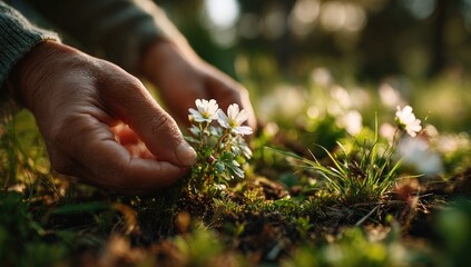 Close-up of hands gently tending to small, white wildflowers in a sunlit garden