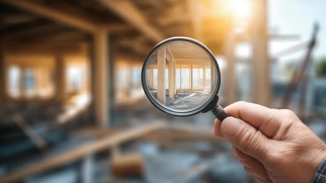 engineer use magnifying glass inspecting construction new house.inspecting construction and quality assurance new house. Engineers or architects or contactor work to build the house.