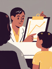Cartoon flat doodle illustration of pediatric doctor showing growth chart and explaining health results to parents with child, bright office setting, cheerful textured line style.

