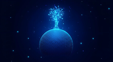Digital world concept, glowing circuit tree growing from glowing sphere