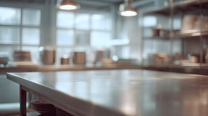 Empty community kitchen with stainless steel counters, early morning cool glow, muted neutral palette