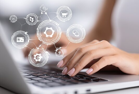 Hands typing on a laptop with digital network graphic overlay - Powered by Adobe