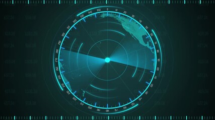 Futuristic radar animation teal blue seamless loop hud sci fi interface detection system tracking graphics. Teal blue radar screen animation futuristic hud digital display rotating scan. - Powered by Adobe