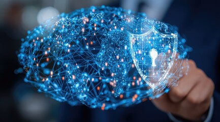 Hand hovering over a digital globe with a protective shield and key graphic