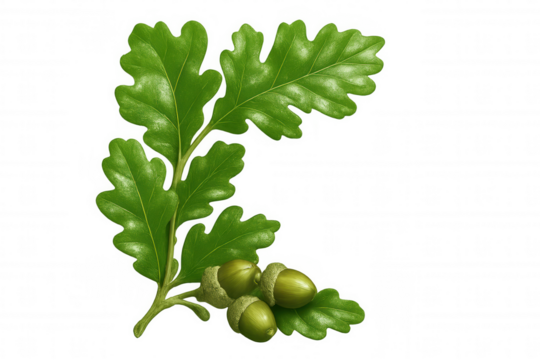 Sprig of common oak with green leaves and acorns isolated on transparent background, ideal for nature-themed designs