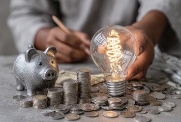 Person holding light bulb over coins and piggy bank