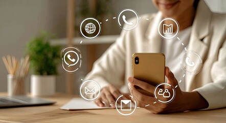 Woman using a phone with communication icons